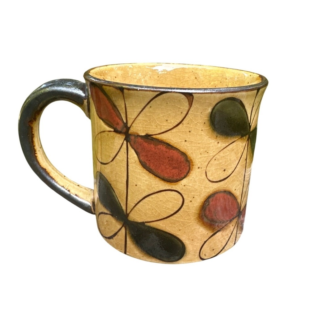 Hand Painted Ceramic Butterfly Crackle Glaze Mug Earthy MCM midcentury Stoneware